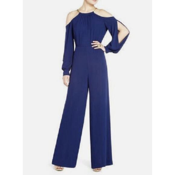 GORGEOUS BLUE BCBG MAXAZRIA 'FLO' JUMPSUIT COLD SHOULDER SPECIAL OCCASION HALTER - Picture 1 of 13
